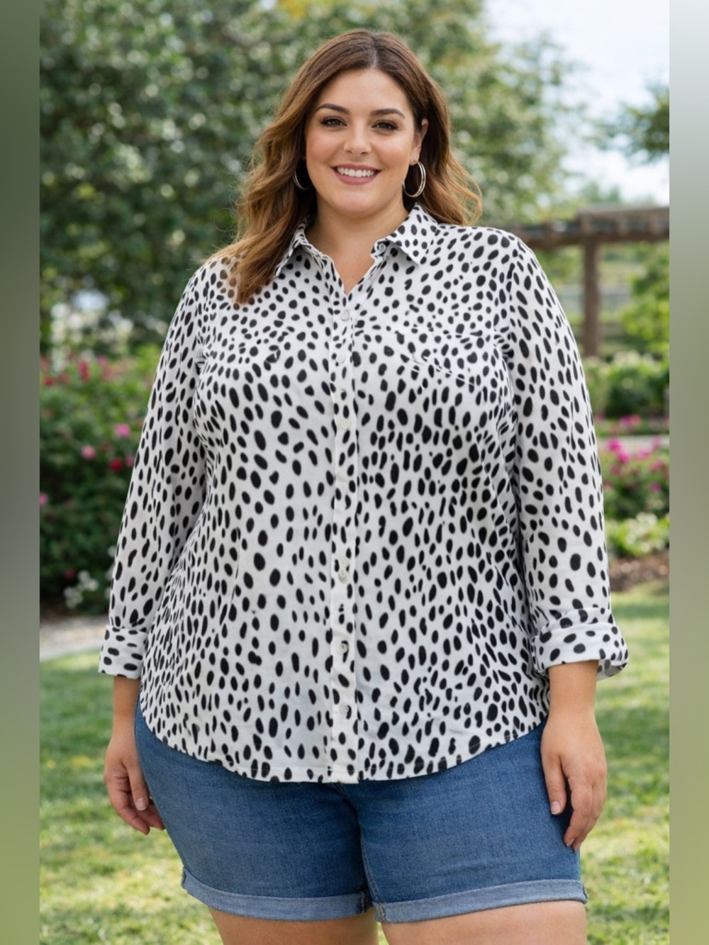 🔥Crown & Ivy Black White Dalmatian Print Button Down Blouse | Lightweight Linen